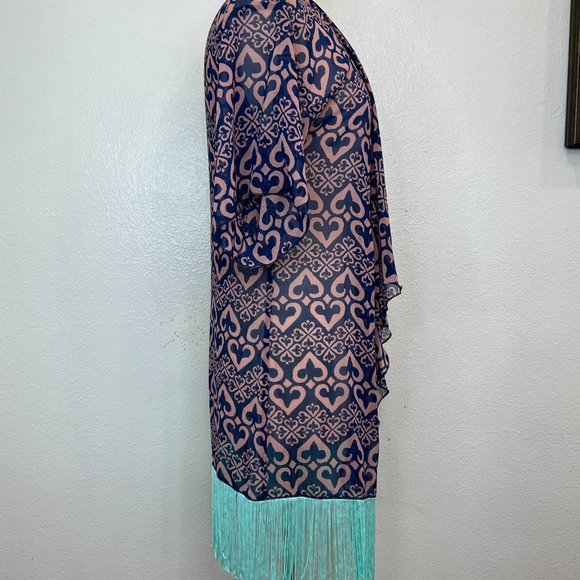 NWT LulaRoe Monroe Kimono Blueish Purple Mint Green Heart Print Size S - Picture 6 of 8